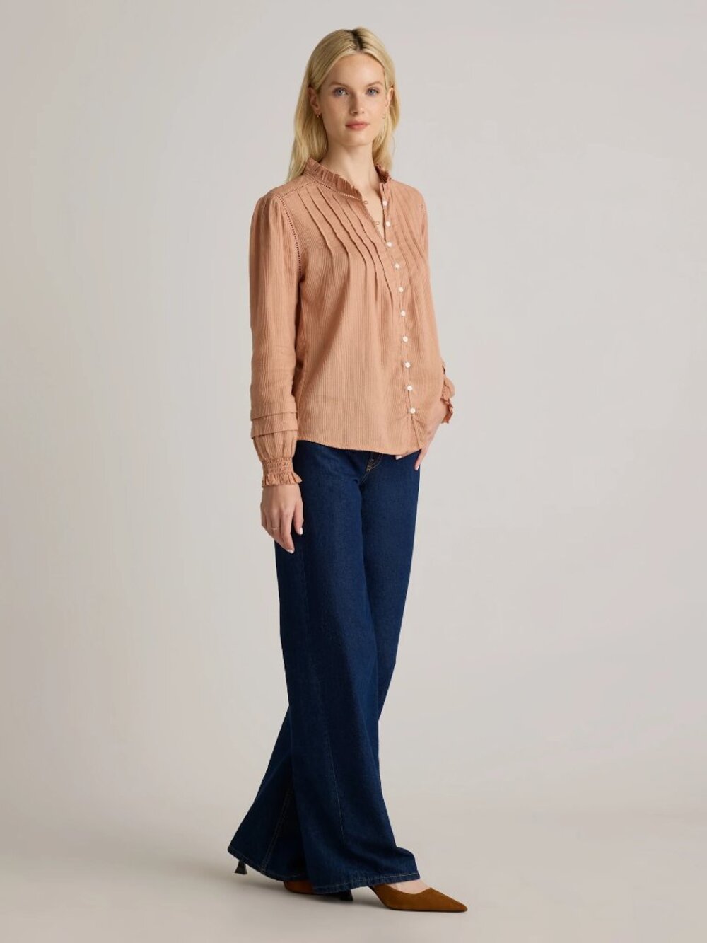 Quince Dusty Rose Pintuck Button-Front Blouse